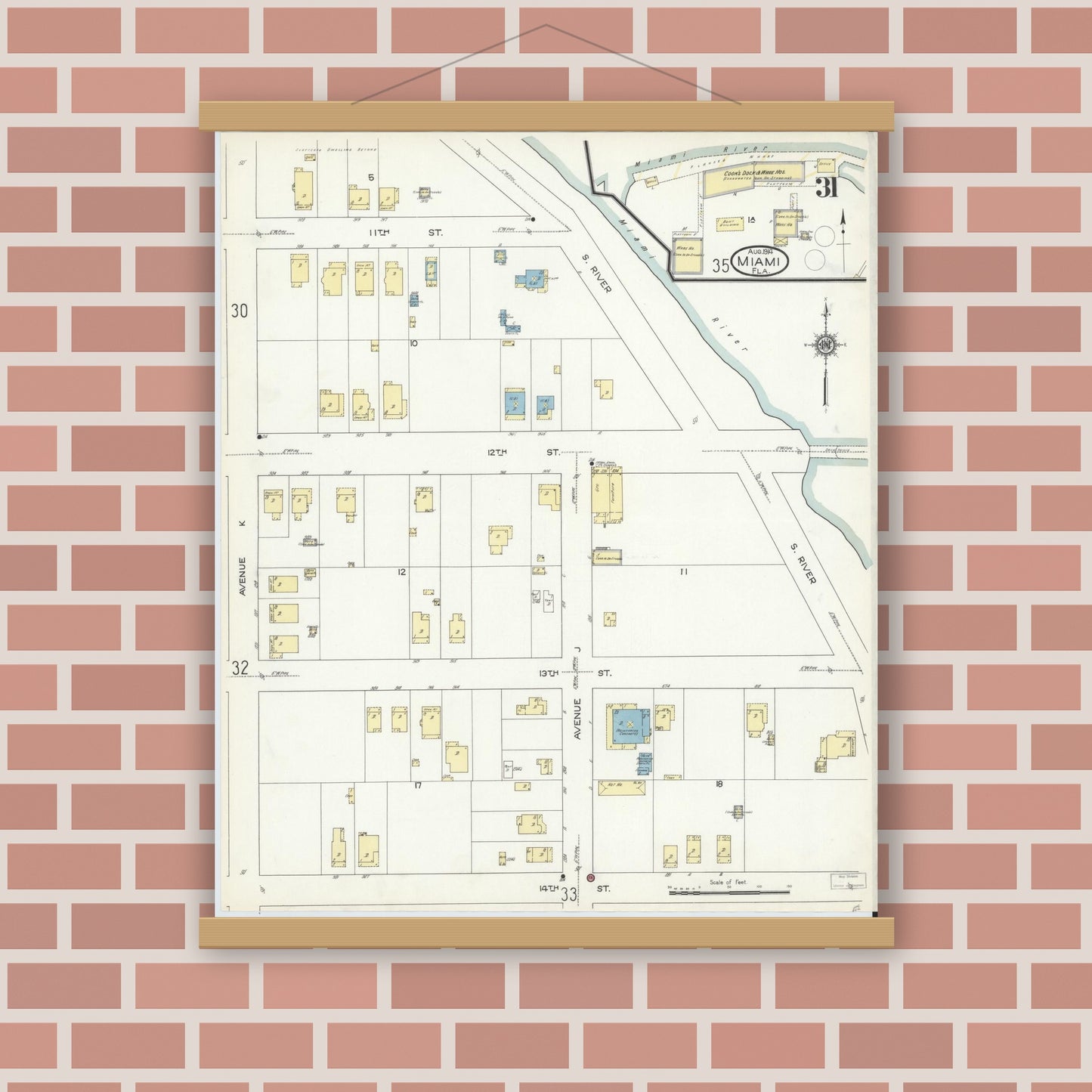 Old map wall art mockup — magnetic wood frame on brick wall — Sanborn Fire Insurance Map from Miami, Dade County, Florida (1914), Sheet #0031