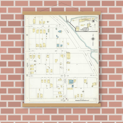Old map wall art mockup — magnetic wood frame on brick wall — Sanborn Fire Insurance Map from Miami, Dade County, Florida (1914), Sheet #0031