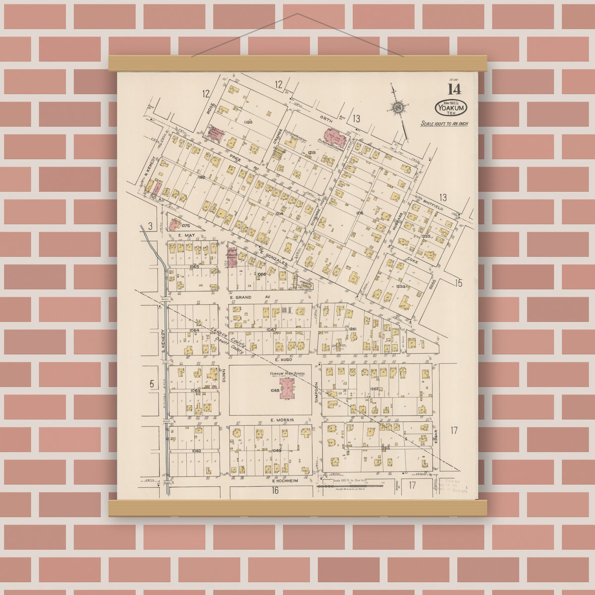 Old map wall art mockup — magnetic wood frame on brick wall — Sanborn Fire Insurance Map from Yoakum, De Witt And Lavaca Counties, Texas (1922), Sheet #0014