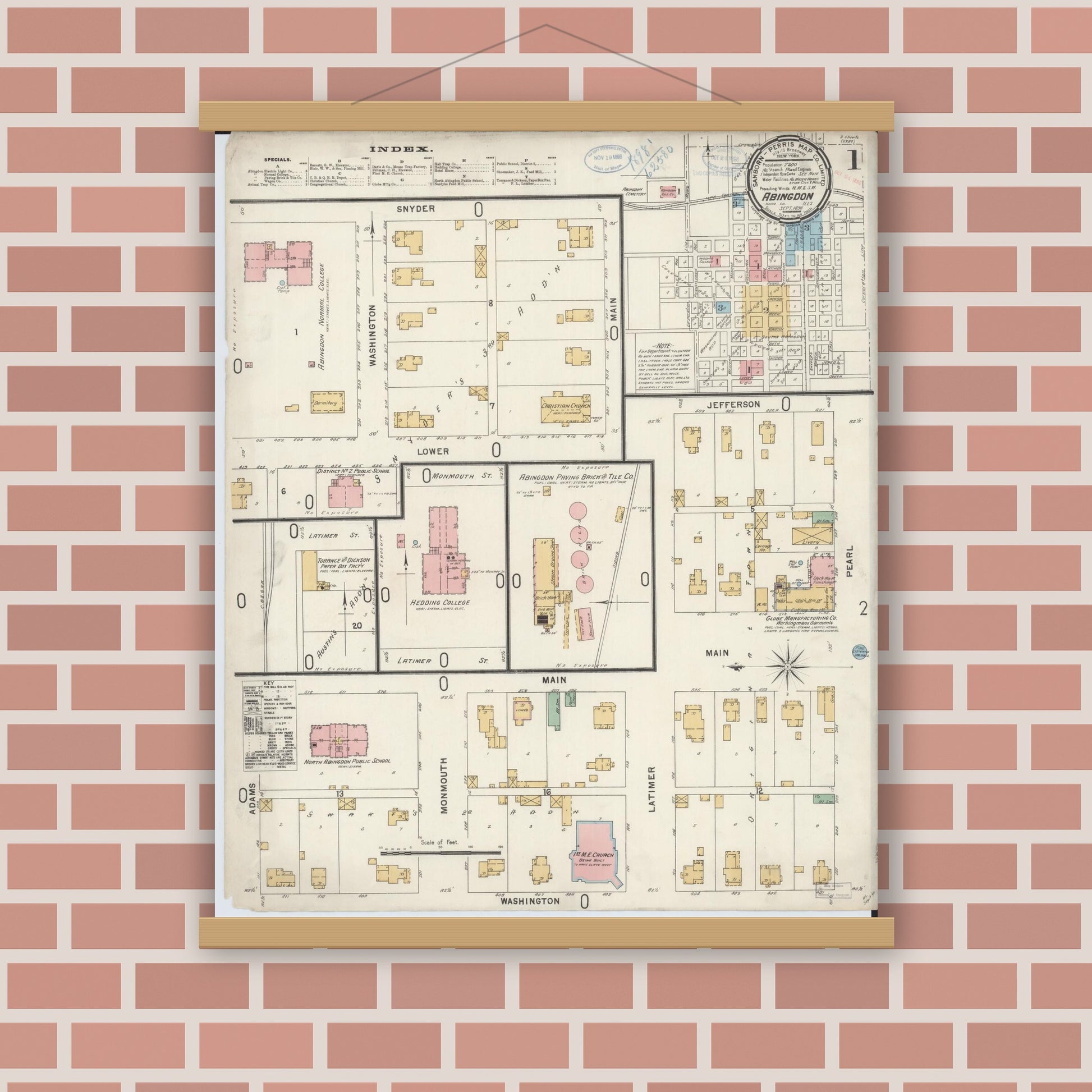 Old map wall art mockup — magnetic wood frame on brick wall — Sanborn Fire Insurance Map from Abingdon, Knox County, Illinois (1898), Sheet #0001
