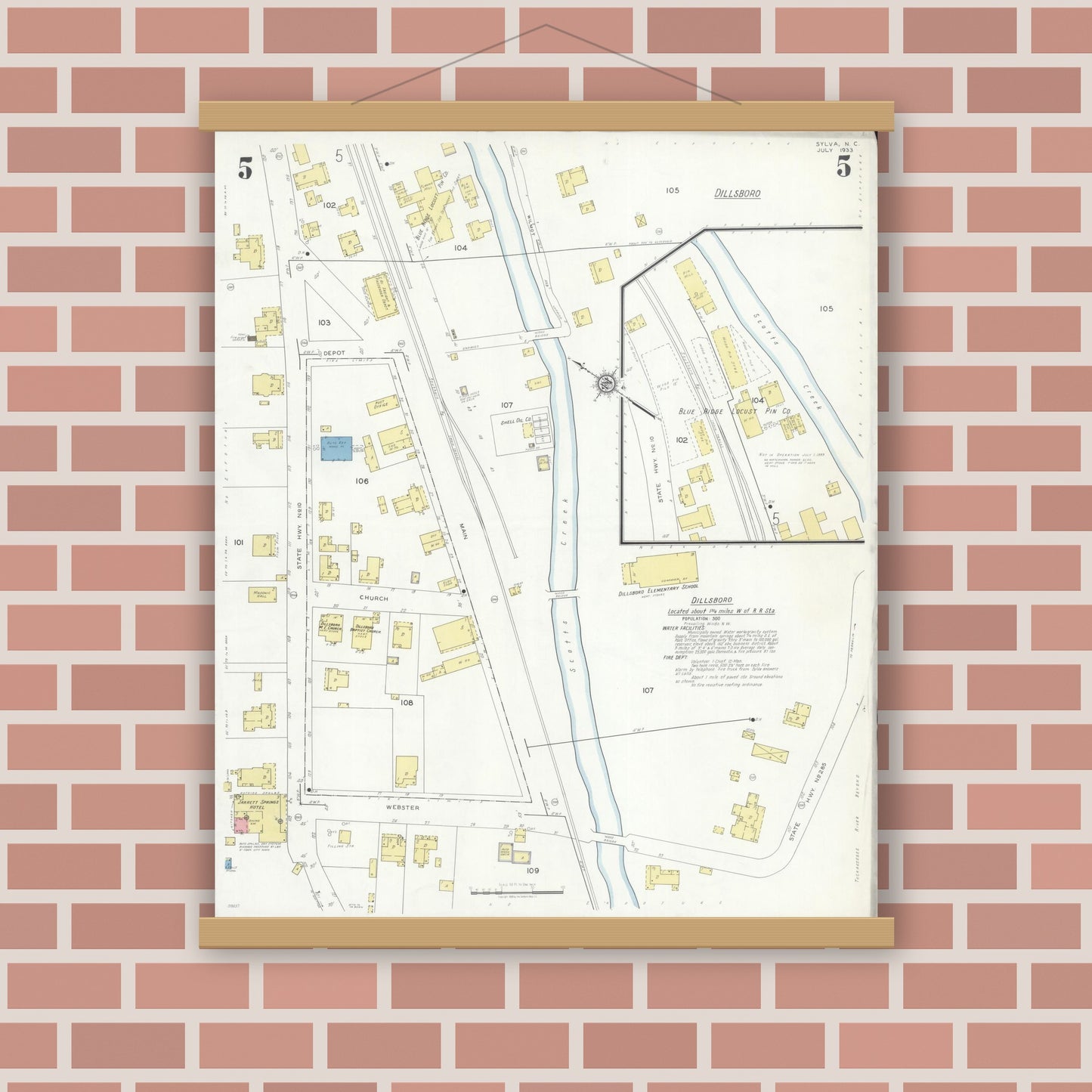 Old map wall art mockup — magnetic wood frame on brick wall — Sanborn Fire Insurance Map from Sylva, Jackson County, North Carolina (1933), Sheet #0005