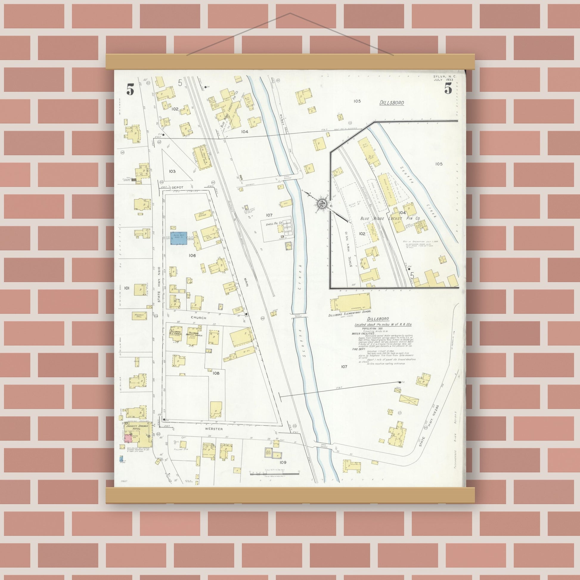 Old map wall art mockup — magnetic wood frame on brick wall — Sanborn Fire Insurance Map from Sylva, Jackson County, North Carolina (1933), Sheet #0005