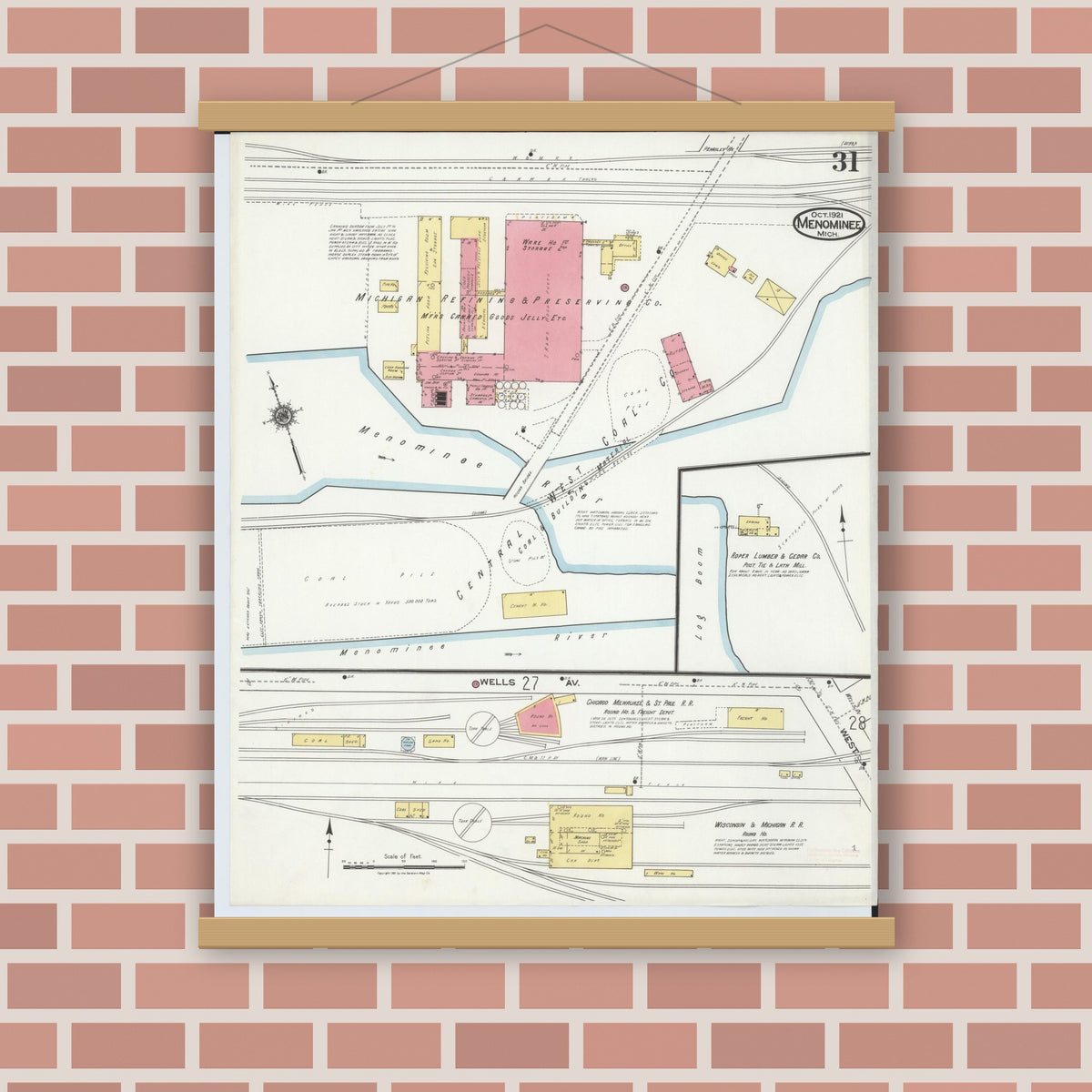 Old map wall art mockup — magnetic wood frame on brick wall — Sanborn Fire Insurance Map from Menominee, Menominee County, Michigan (1921), Sheet #0031