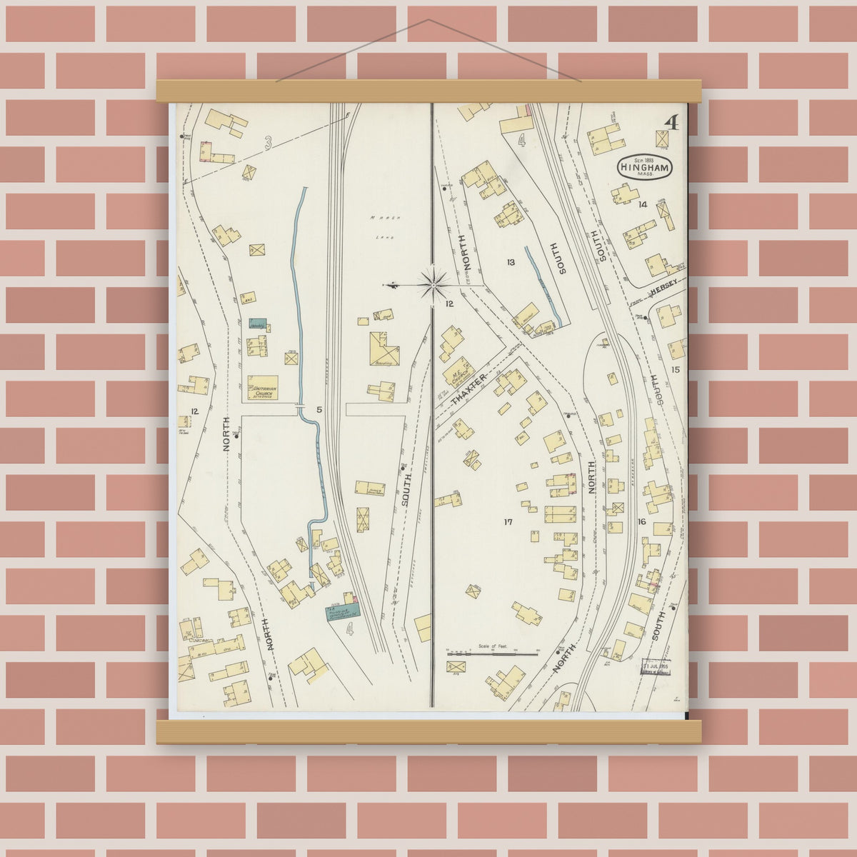 Old map wall art mockup — magnetic wood frame on brick wall — Sanborn Fire Insurance Map from Hingham, Plymouth County, Massachusetts (1893), Sheet #0004