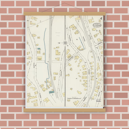 Old map wall art mockup — magnetic wood frame on brick wall — Sanborn Fire Insurance Map from Hingham, Plymouth County, Massachusetts (1893), Sheet #0004