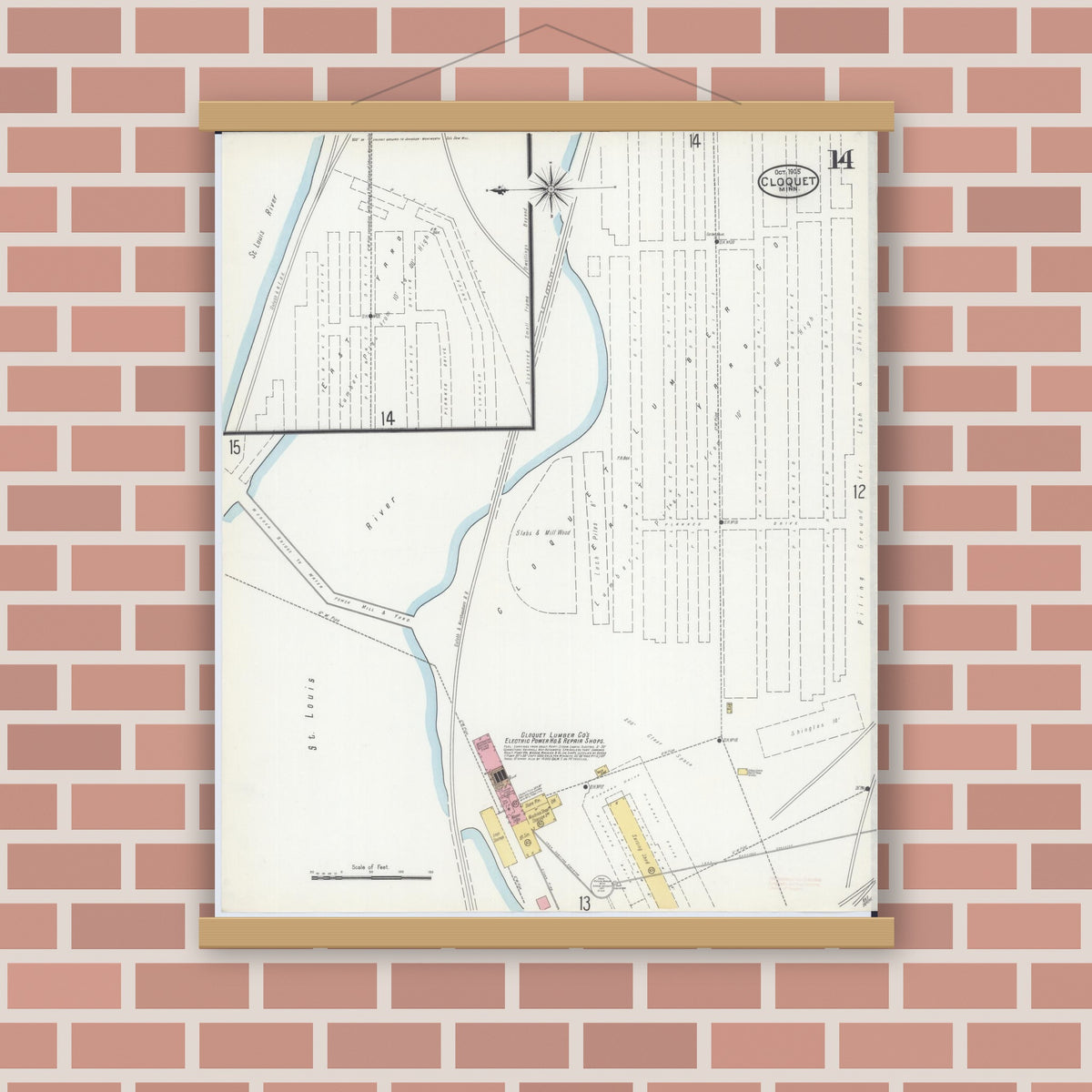 Old map wall art mockup — magnetic wood frame on brick wall — Sanborn Fire Insurance Map from Cloquet, Carlton County, Minnesota (1905), Sheet #0014