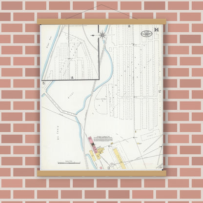 Old map wall art mockup — magnetic wood frame on brick wall — Sanborn Fire Insurance Map from Cloquet, Carlton County, Minnesota (1905), Sheet #0014