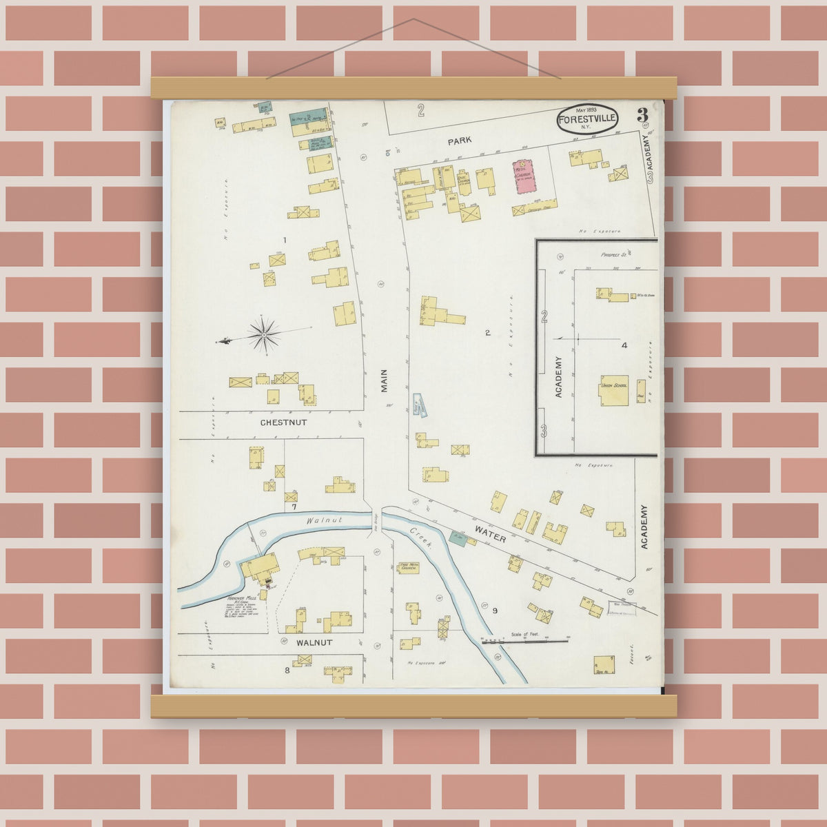 Old map wall art mockup — magnetic wood frame on brick wall — Sanborn Fire Insurance Map from Forestville, Chautauqua County, New York (1893), Sheet #0003