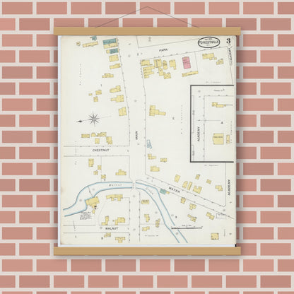 Old map wall art mockup — magnetic wood frame on brick wall — Sanborn Fire Insurance Map from Forestville, Chautauqua County, New York (1893), Sheet #0003