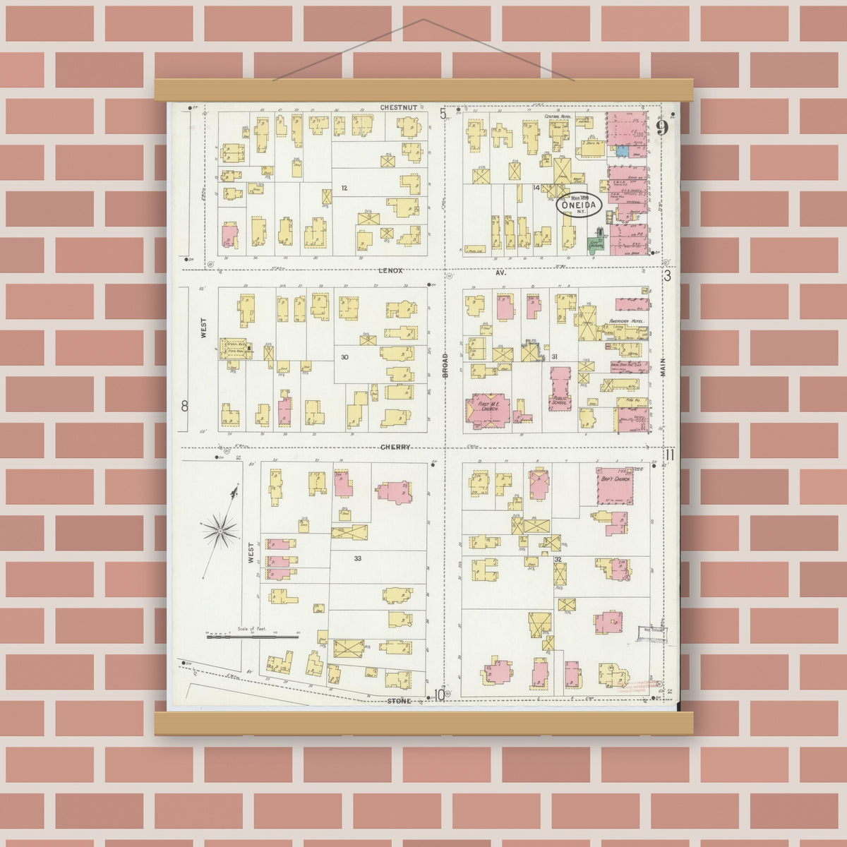 Old map wall art mockup — magnetic wood frame on brick wall — Sanborn Fire Insurance Map from Oneida, Madison County, New York (1899), Sheet #0009