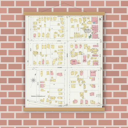 Old map wall art mockup — magnetic wood frame on brick wall — Sanborn Fire Insurance Map from Oneida, Madison County, New York (1899), Sheet #0009