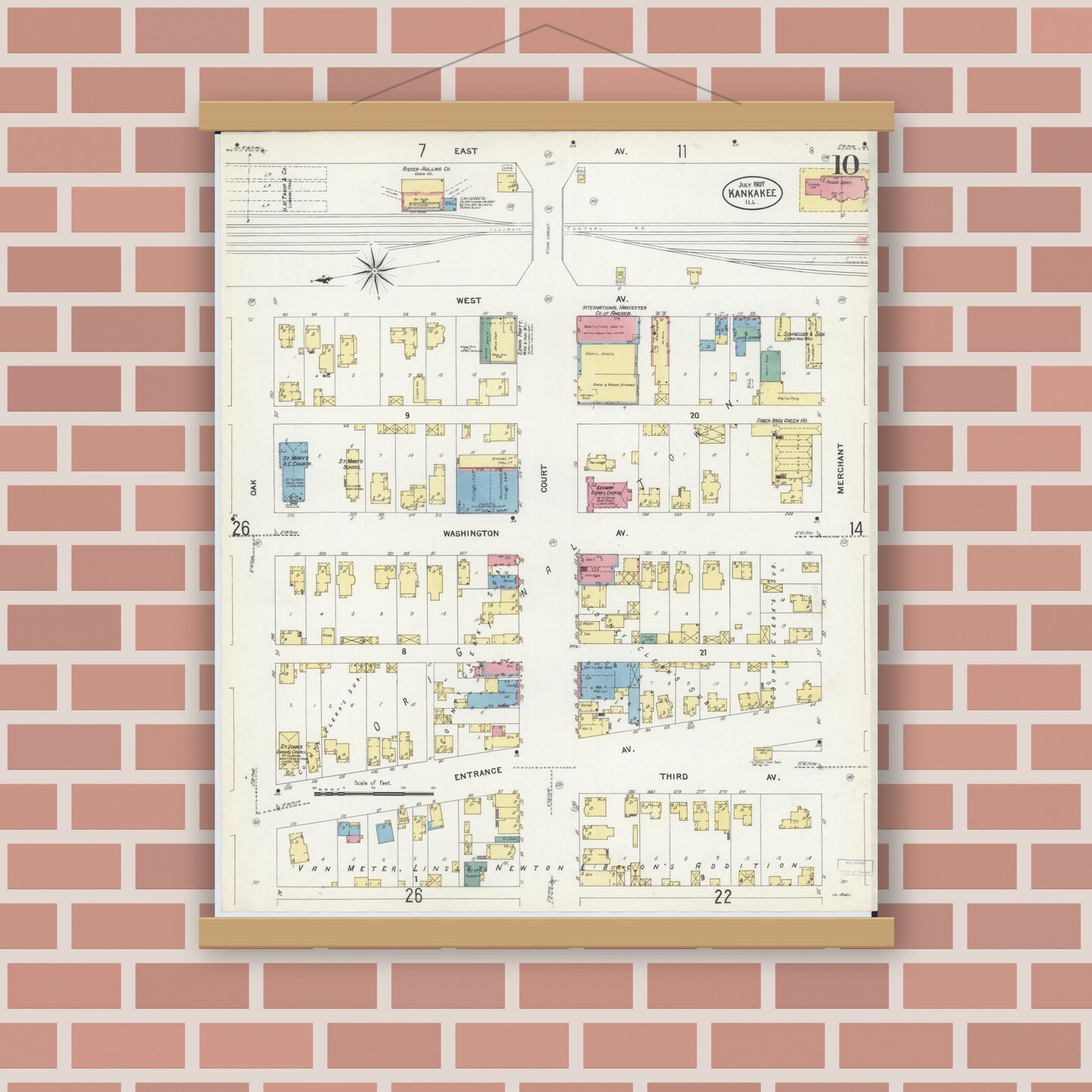 Old map wall art mockup — magnetic wood frame on brick wall — Sanborn Fire Insurance Map from Kankakee, Kankakee County, Illinois (1907), Sheet #0010