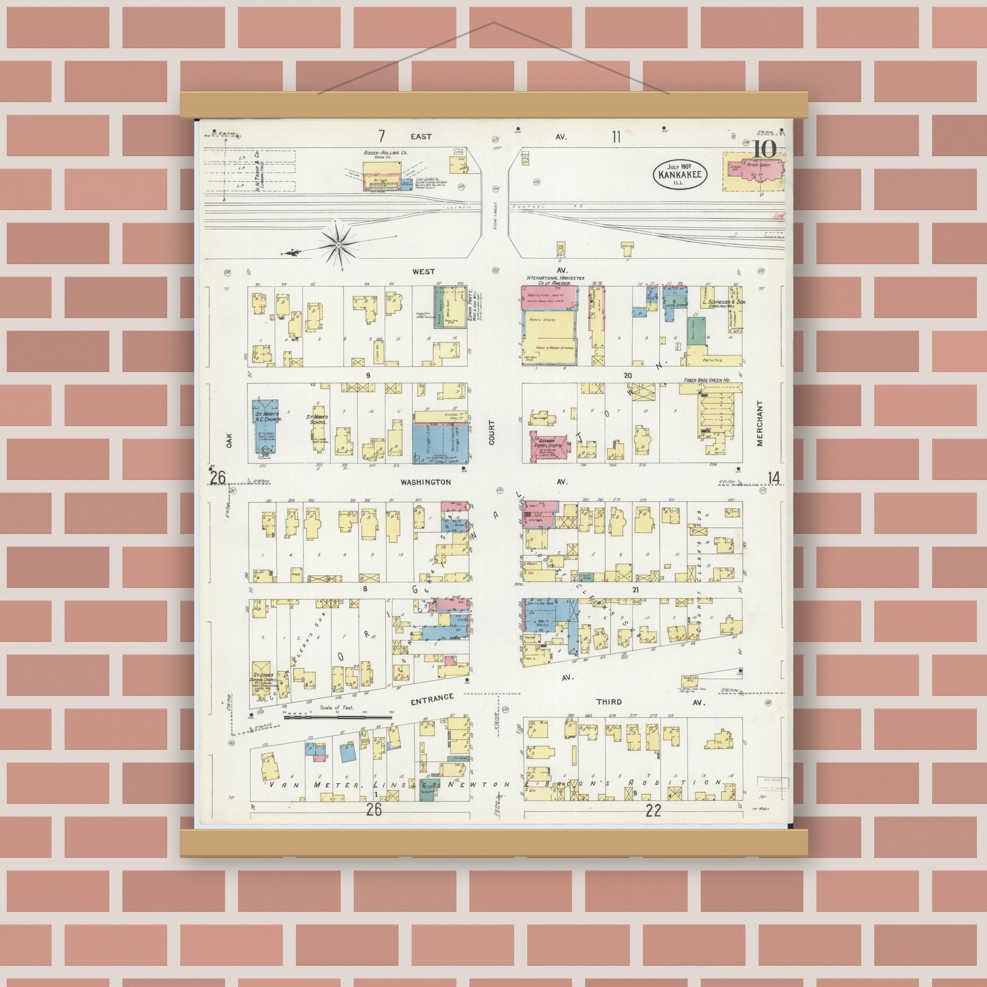 Old map wall art mockup — magnetic wood frame on brick wall — Sanborn Fire Insurance Map from Kankakee, Kankakee County, Illinois (1907), Sheet #0010