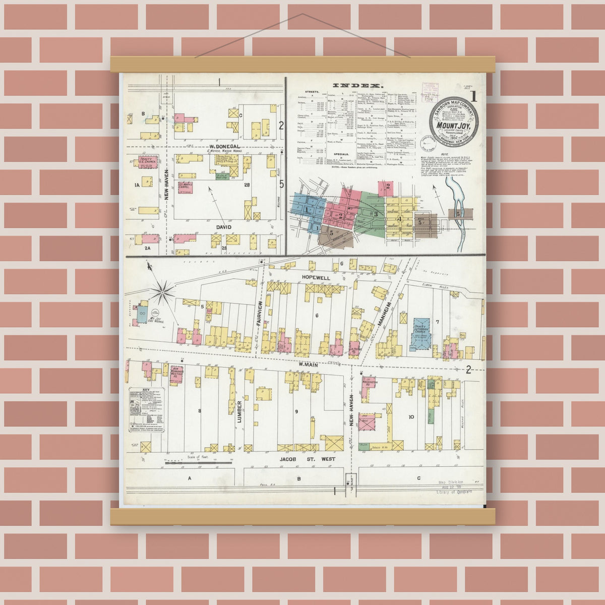Old map wall art mockup — magnetic wood frame on brick wall — Sanborn Fire Insurance Map from Mount Joy, Lancaster County, Pennsylvania (1902), Sheet #0001