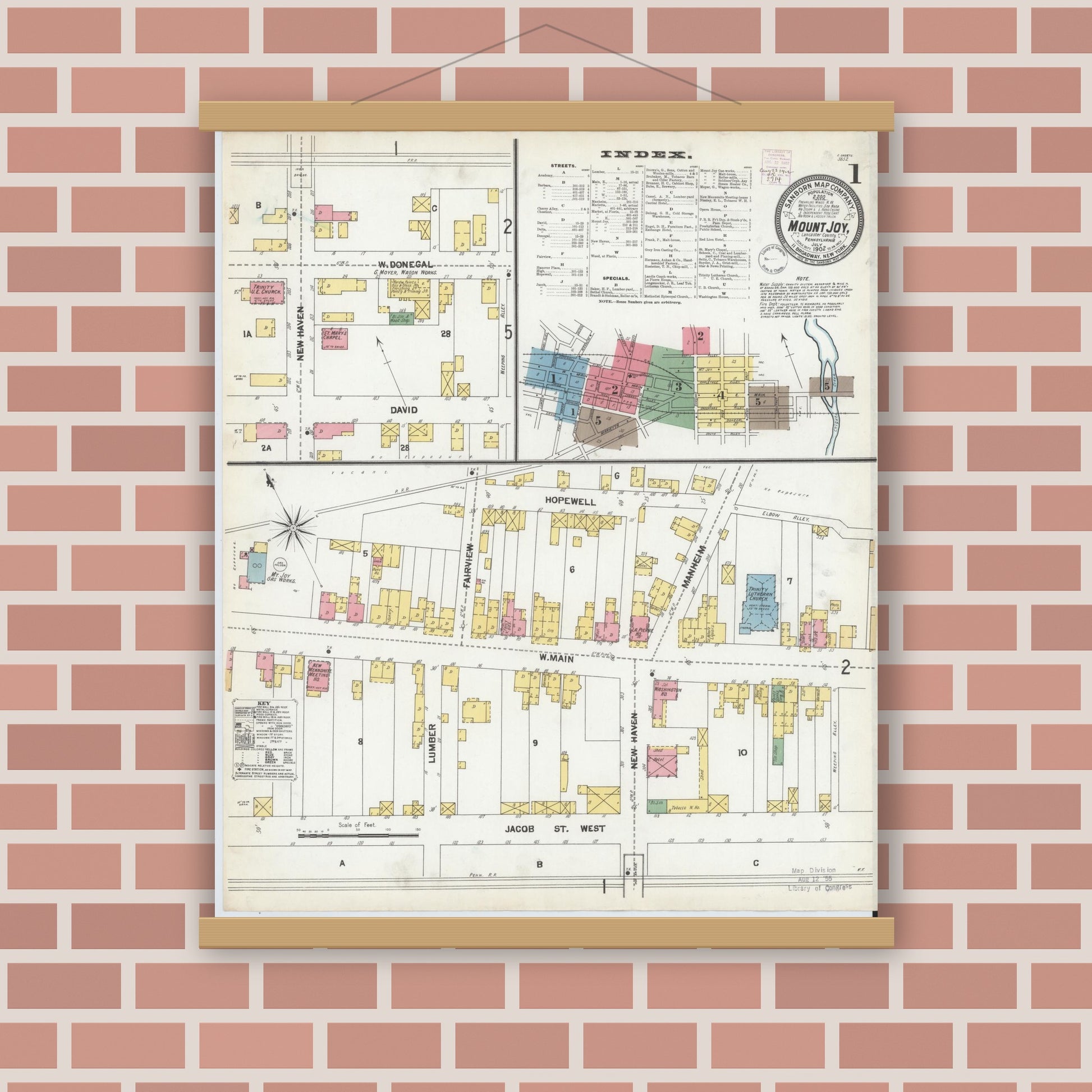 Old map wall art mockup — magnetic wood frame on brick wall — Sanborn Fire Insurance Map from Mount Joy, Lancaster County, Pennsylvania (1902), Sheet #0001