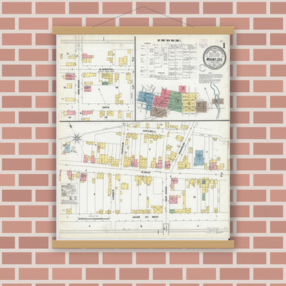 Old map wall art mockup — magnetic wood frame on brick wall — Sanborn Fire Insurance Map from Mount Joy, Lancaster County, Pennsylvania (1902), Sheet #0001