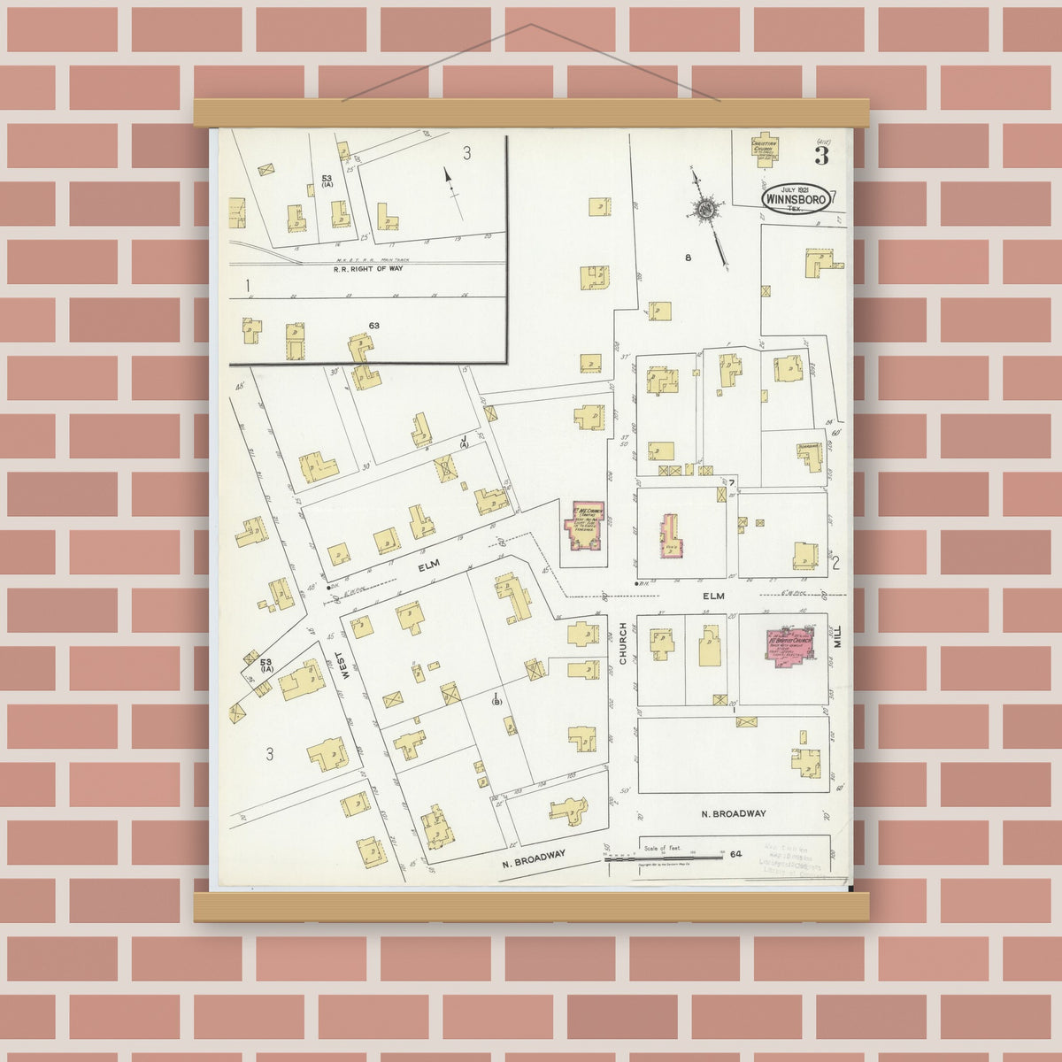 Old map wall art mockup — magnetic wood frame on brick wall — Sanborn Fire Insurance Map from Winnsboro, Wood County, Texas (1921), Sheet #0003