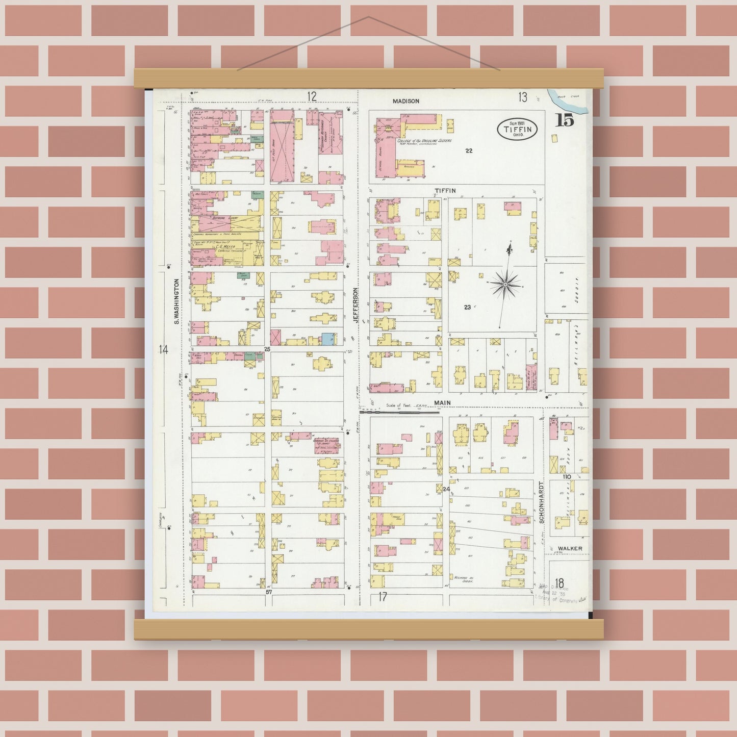 Old map wall art mockup — magnetic wood frame on brick wall — Sanborn Fire Insurance Map from Tiffin, Seneca County, Ohio (1901), Sheet #0015