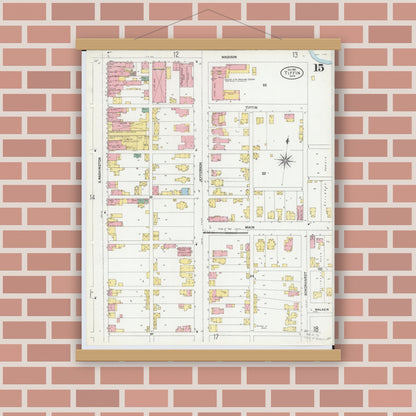Old map wall art mockup — magnetic wood frame on brick wall — Sanborn Fire Insurance Map from Tiffin, Seneca County, Ohio (1901), Sheet #0015