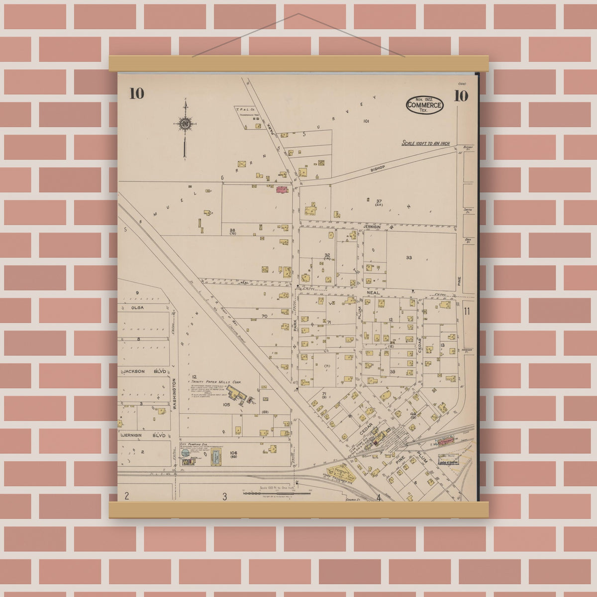 Old map wall art mockup — magnetic wood frame on brick wall — Sanborn Fire Insurance Map from Commerce, Hunt County, Texas (1922), Sheet #0010