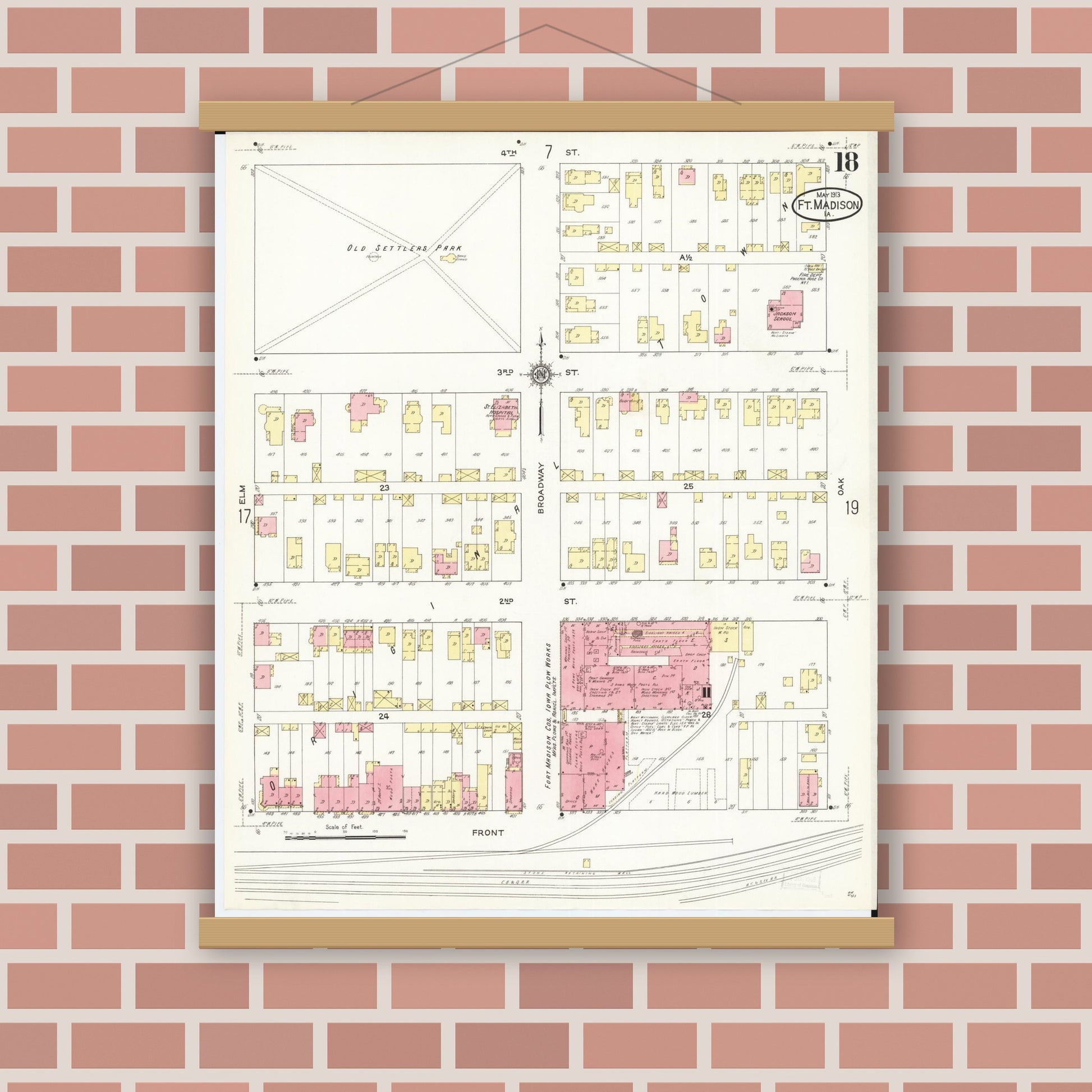 Old map wall art mockup — magnetic wood frame on brick wall — Sanborn Fire Insurance Map from Fort Madison, Lee County, Iowa (1913), Sheet #0018