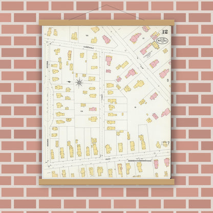Old map wall art mockup — magnetic wood frame on brick wall — Sanborn Fire Insurance Map from Malone, Franklin County, New York (1903), Sheet #0012