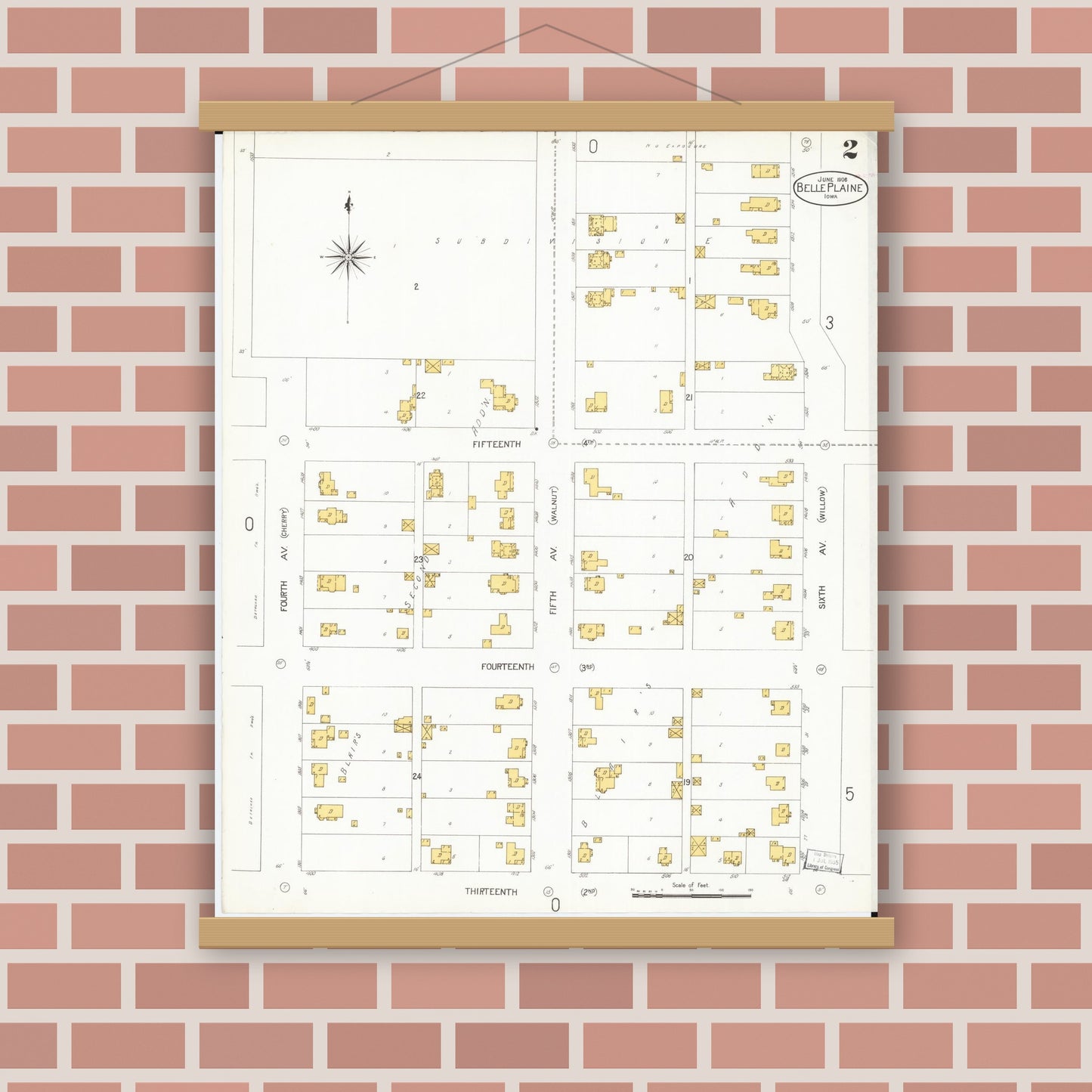 Old map wall art mockup — magnetic wood frame on brick wall — Sanborn Fire Insurance Map from Belle Plaine, Benton County, Iowa (1906), Sheet #0002