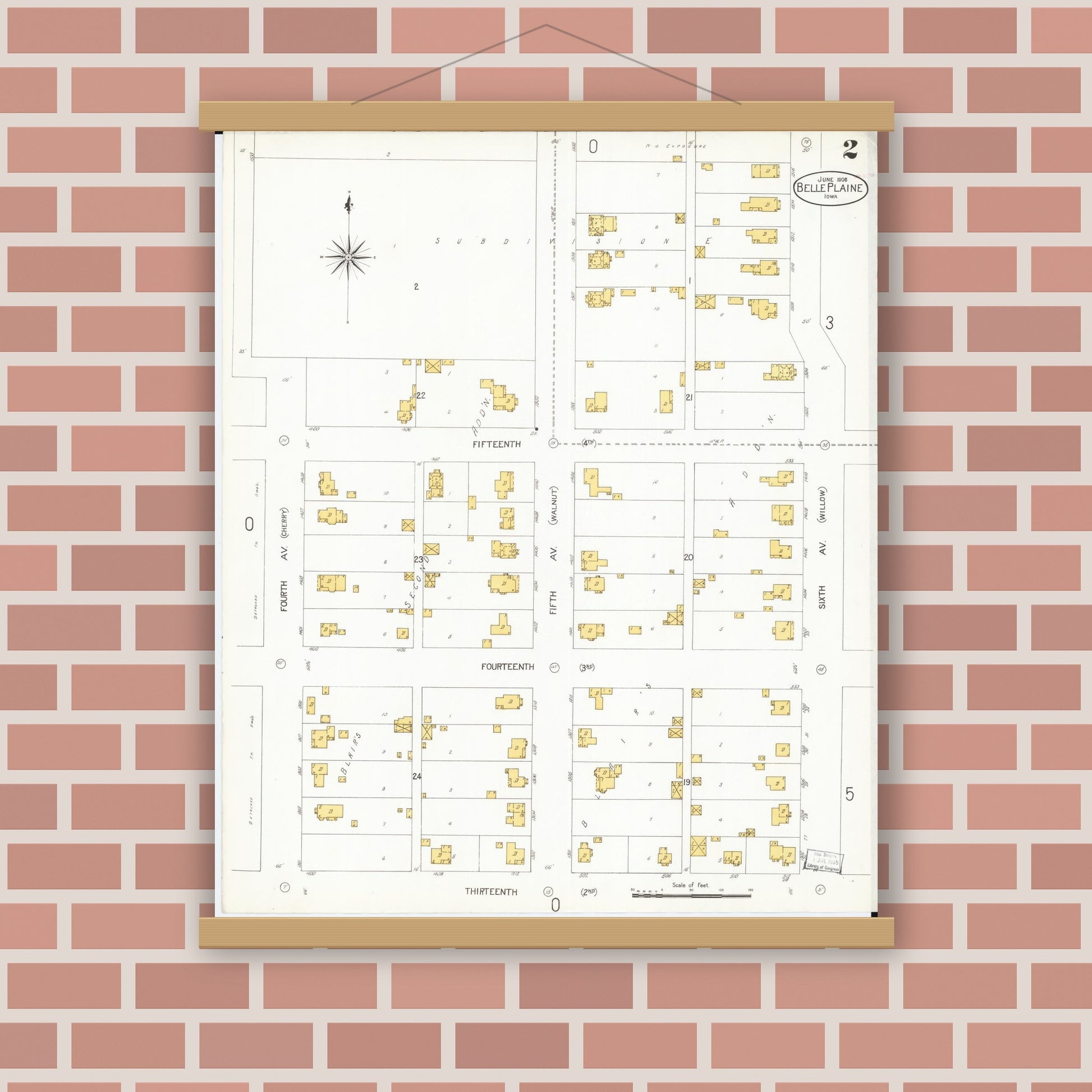Old map wall art mockup — magnetic wood frame on brick wall — Sanborn Fire Insurance Map from Belle Plaine, Benton County, Iowa (1906), Sheet #0002