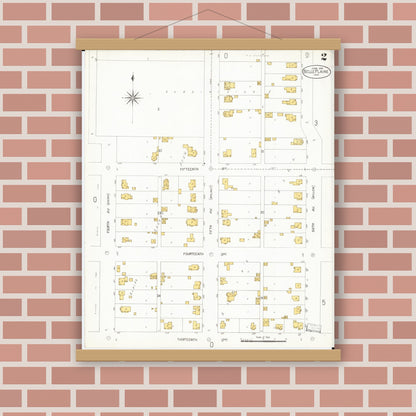 Old map wall art mockup — magnetic wood frame on brick wall — Sanborn Fire Insurance Map from Belle Plaine, Benton County, Iowa (1906), Sheet #0002