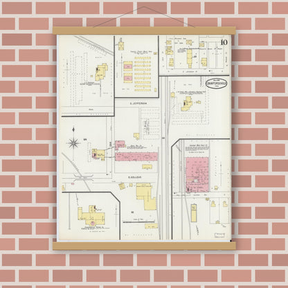 Old map wall art mockup — magnetic wood frame on brick wall — Sanborn Fire Insurance Map from Crawfordsville, Montgomery County, Indiana (1896), Sheet #0010
