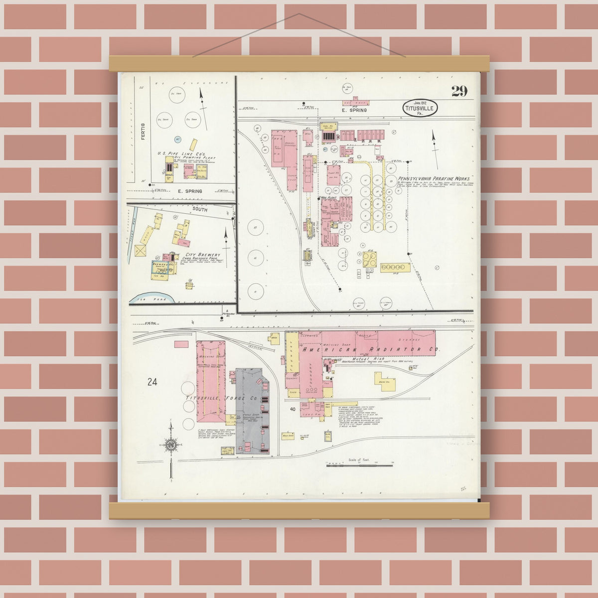 Old map wall art mockup — magnetic wood frame on brick wall — Sanborn Fire Insurance Map from Titusville, Crawford County, Pennsylvania (1912), Sheet #0029
