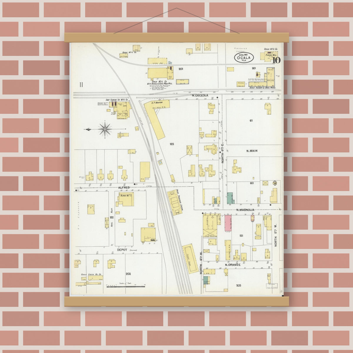 Old map wall art mockup — magnetic wood frame on brick wall — Sanborn Fire Insurance Map from Ocala, Marion County, Florida (1901), Sheet #0010