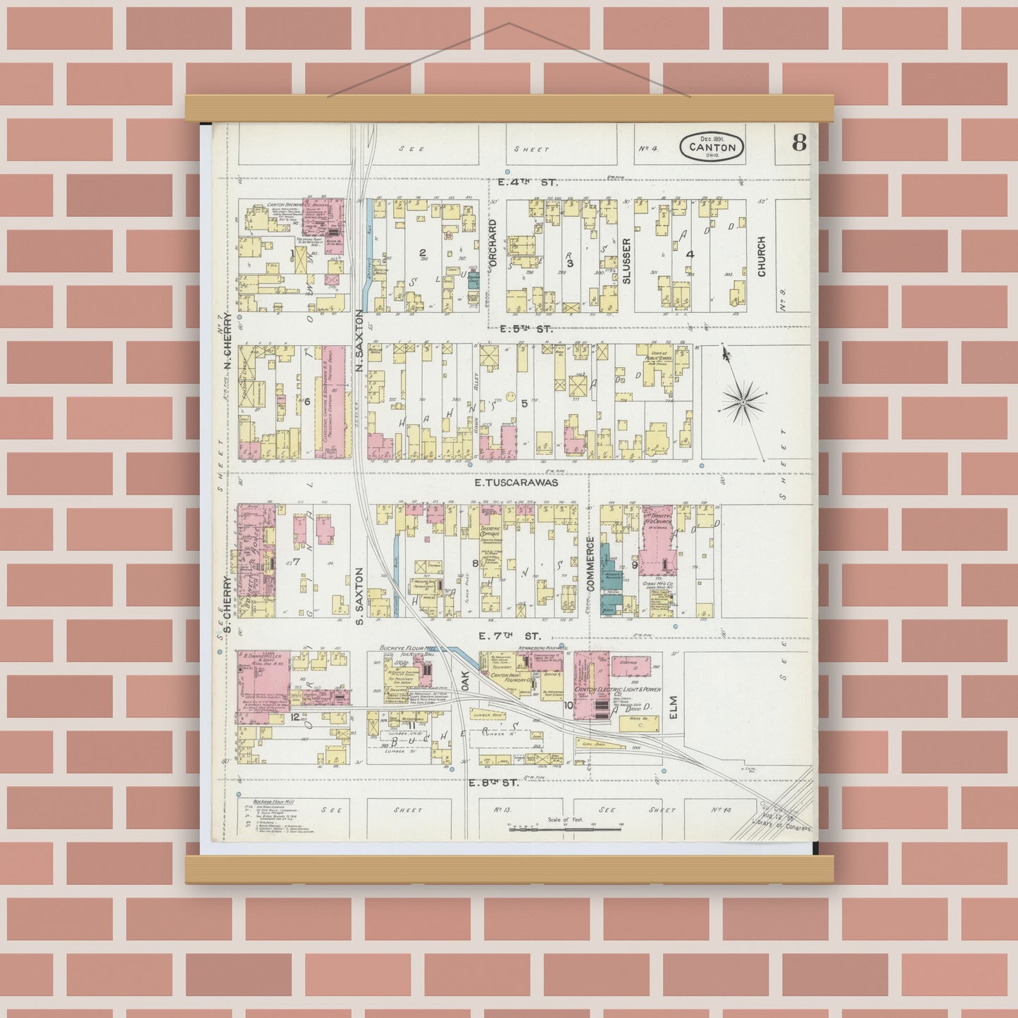 Old map wall art mockup — magnetic wood frame on brick wall — Sanborn Fire Insurance Map from Canton, Stark County, Ohio (1891), Sheet #0008