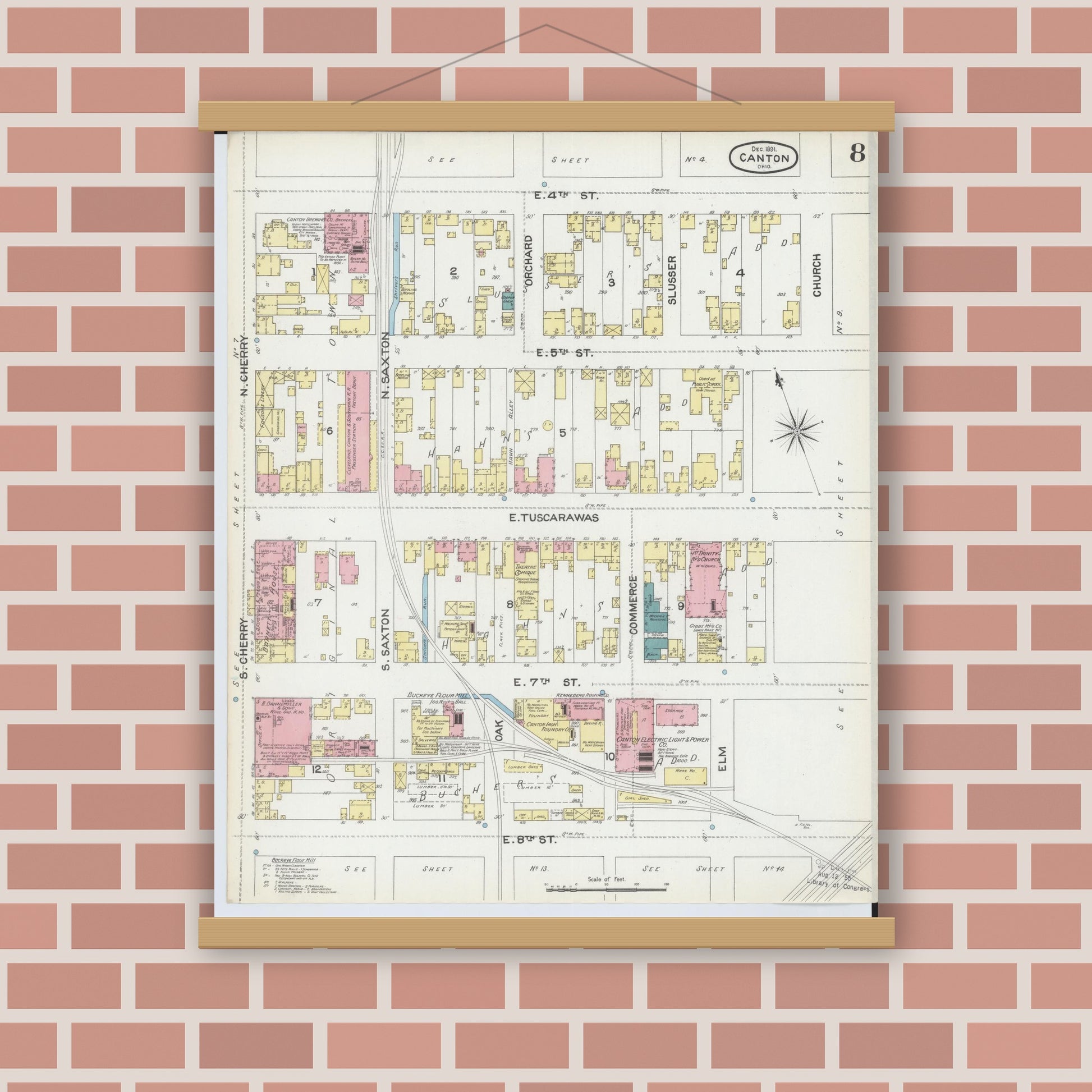 Old map wall art mockup — magnetic wood frame on brick wall — Sanborn Fire Insurance Map from Canton, Stark County, Ohio (1891), Sheet #0008