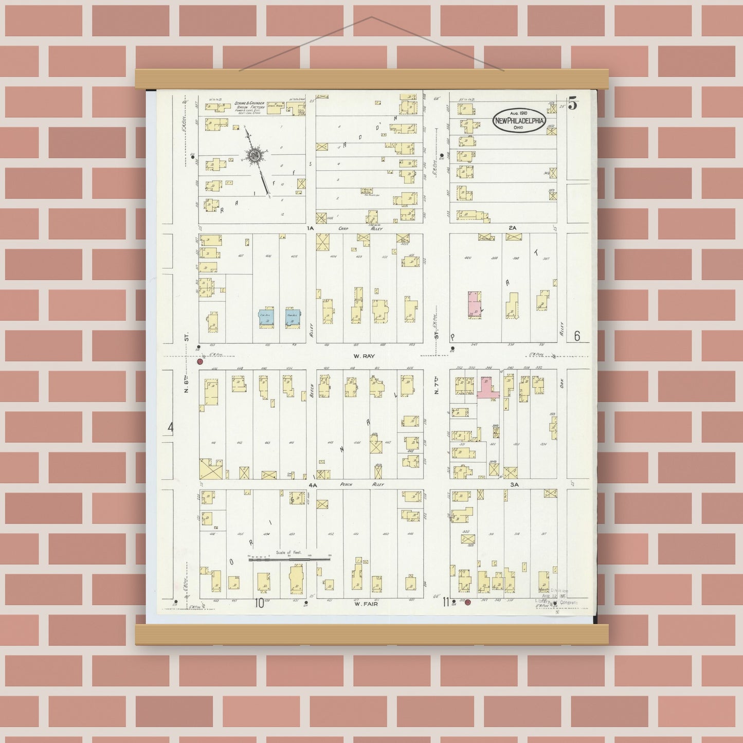 Old map wall art mockup — magnetic wood frame on brick wall — Sanborn Fire Insurance Map from New Philadelphia, Tuscarawas County, Ohio (1910), Sheet #0005
