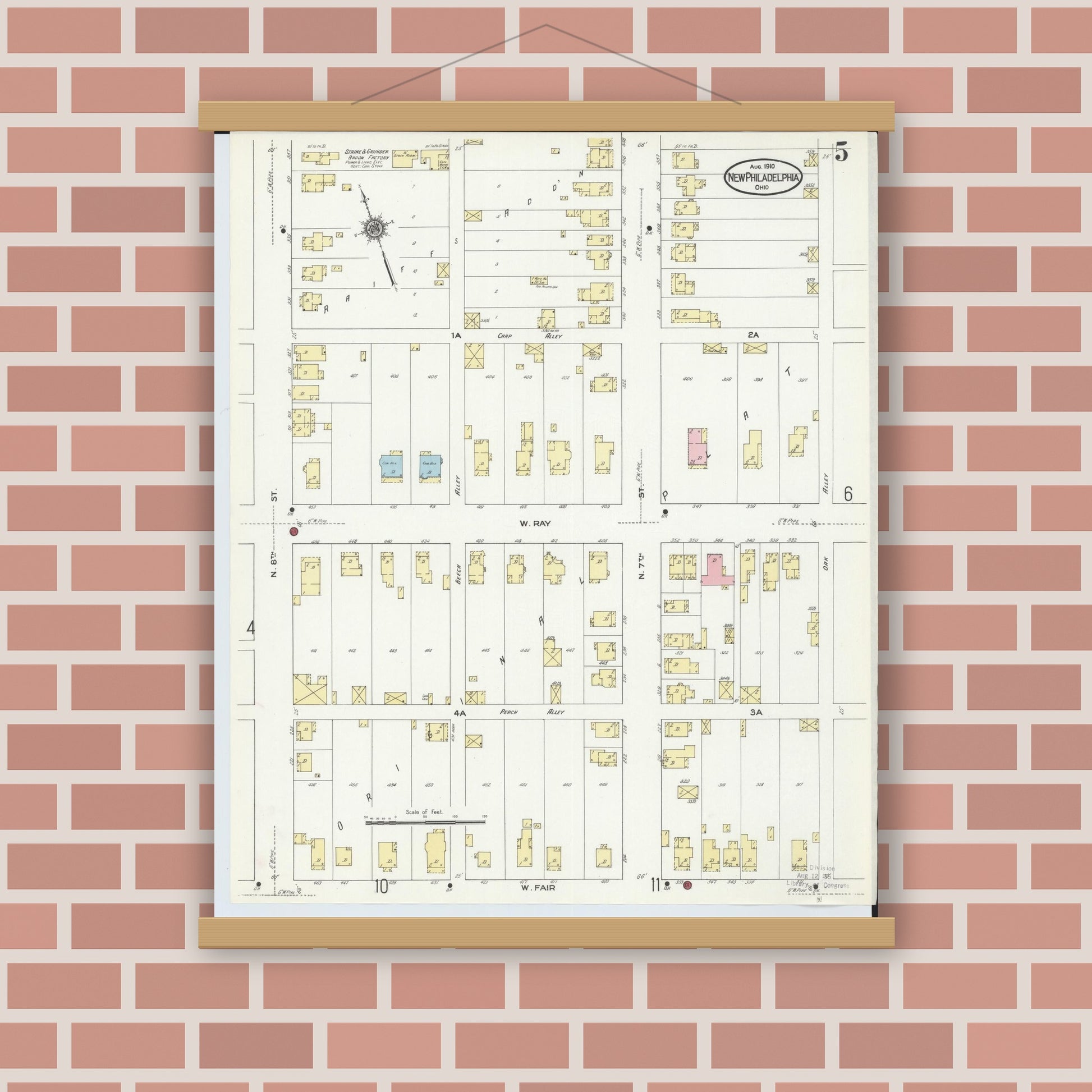 Old map wall art mockup — magnetic wood frame on brick wall — Sanborn Fire Insurance Map from New Philadelphia, Tuscarawas County, Ohio (1910), Sheet #0005