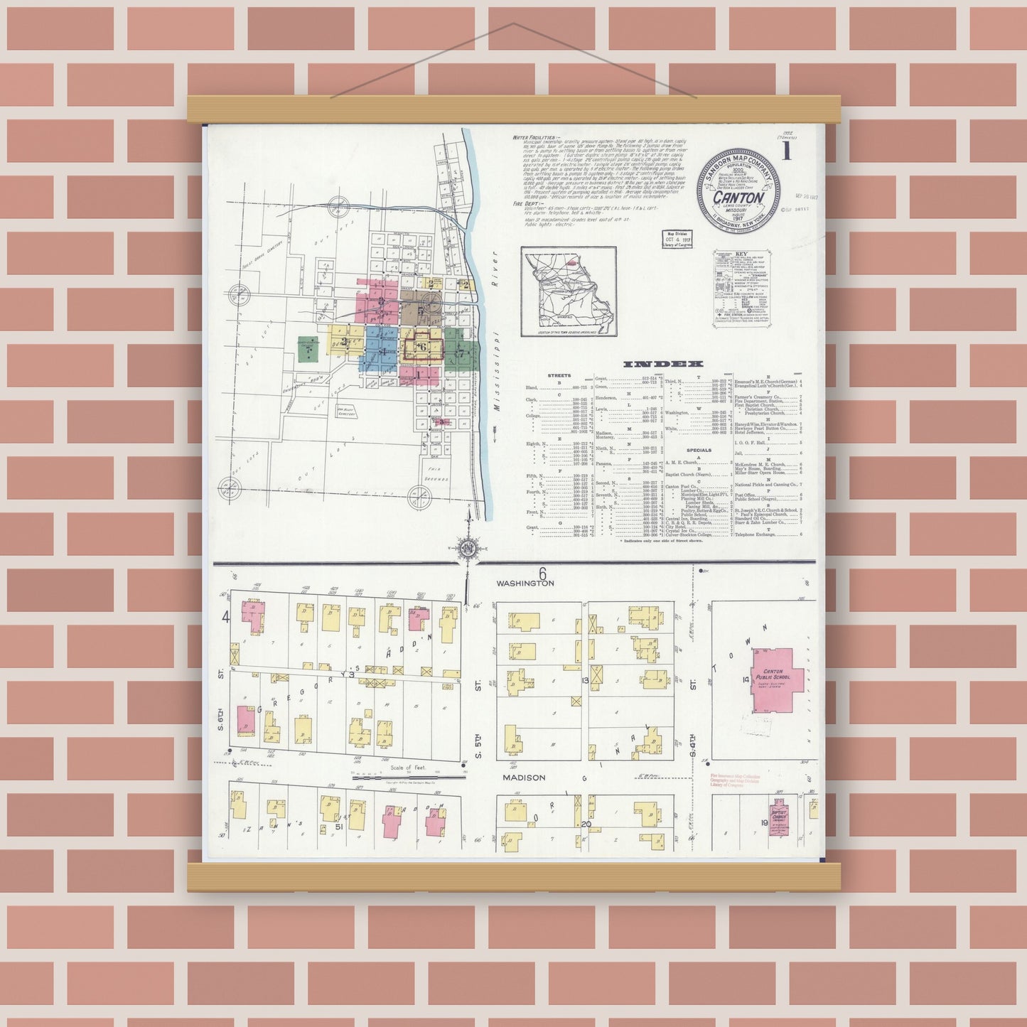 Old map wall art mockup — magnetic wood frame on brick wall — Sanborn Fire Insurance Map from Canton, Lewis County, Missouri (1917) - Complete Map Set