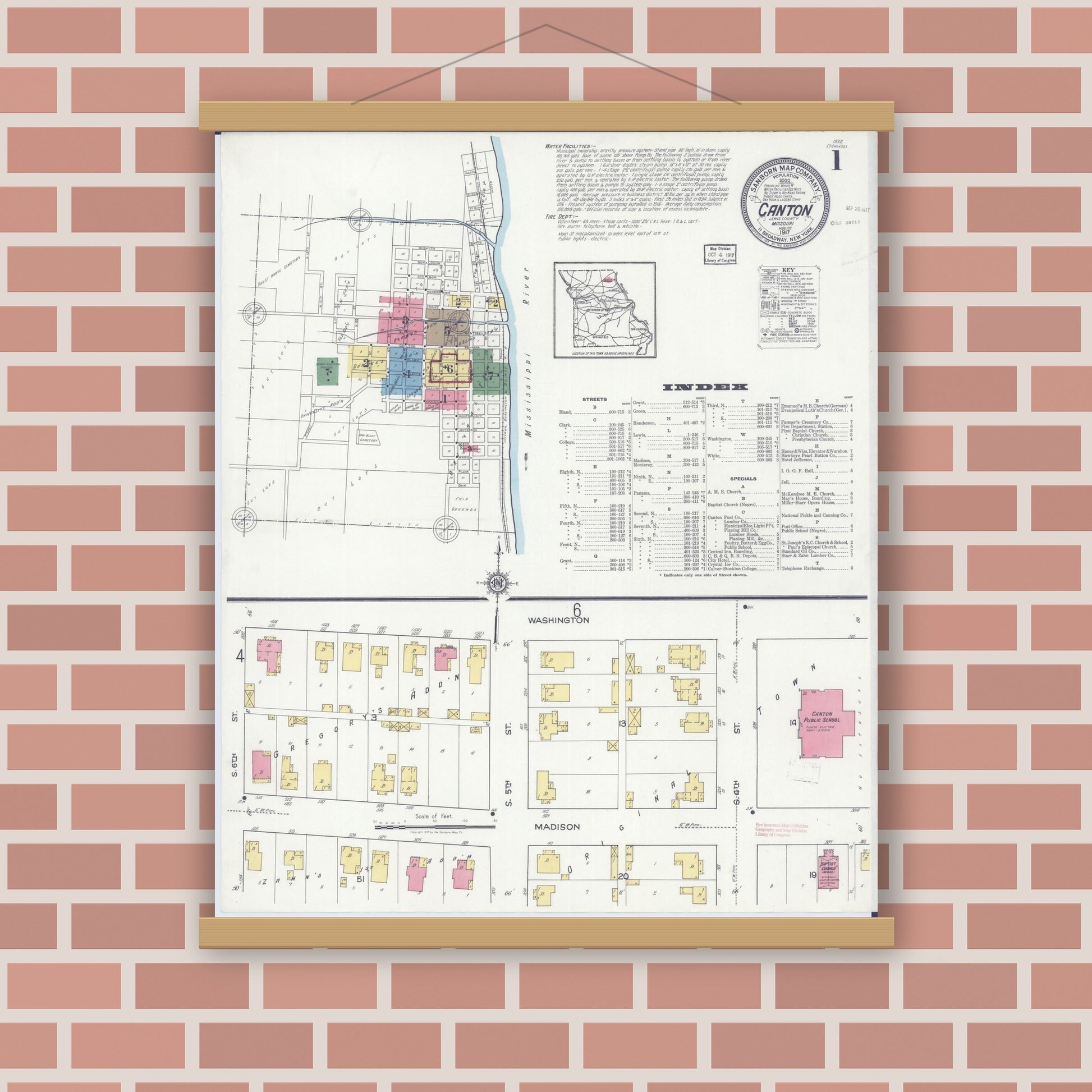 Old map wall art mockup — magnetic wood frame on brick wall — Sanborn Fire Insurance Map from Canton, Lewis County, Missouri (1917) - Complete Map Set