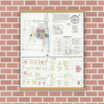 Old map wall art mockup — magnetic wood frame on brick wall — Sanborn Fire Insurance Map from Canton, Lewis County, Missouri (1917) - Complete Map Set