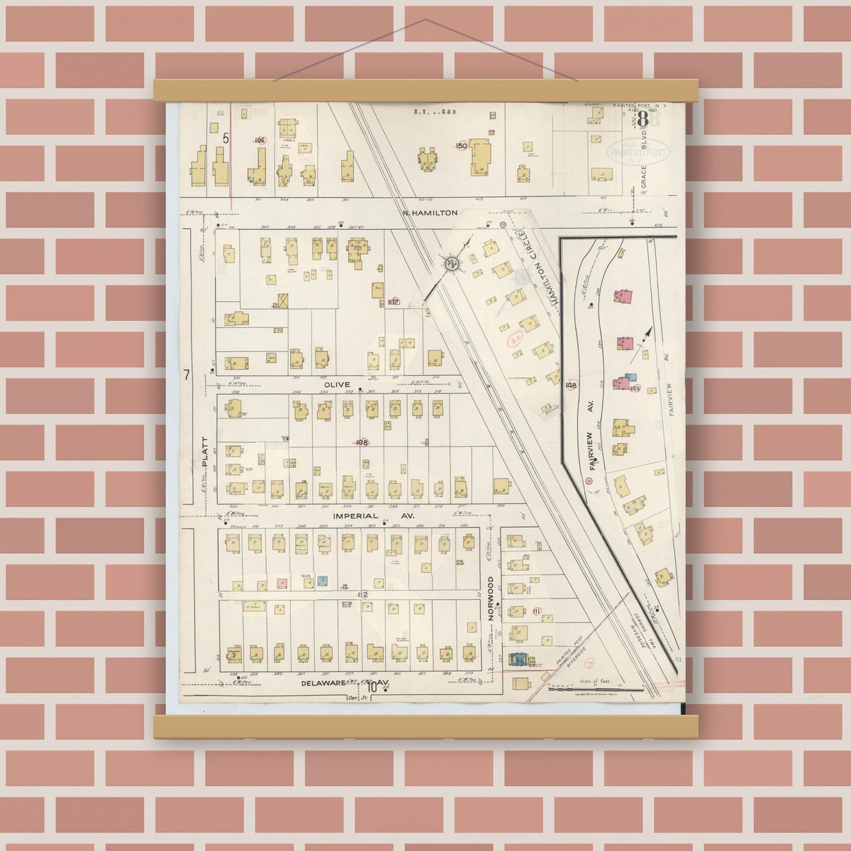 Old map wall art mockup — magnetic wood frame on brick wall — Sanborn Fire Insurance Map from Painted Post, Steuben County, New York (1943), Sheet #0008