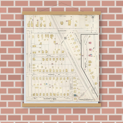 Old map wall art mockup — magnetic wood frame on brick wall — Sanborn Fire Insurance Map from Painted Post, Steuben County, New York (1943), Sheet #0008
