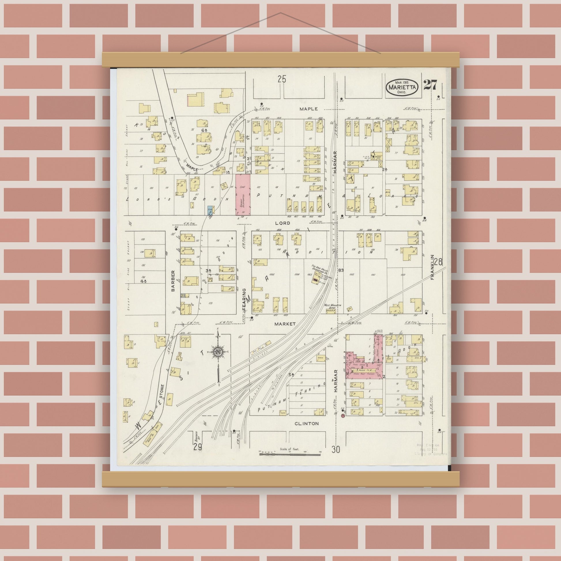 Old map wall art mockup — magnetic wood frame on brick wall — Sanborn Fire Insurance Map from Marietta, Washington County, Ohio (1915), Sheet #0027