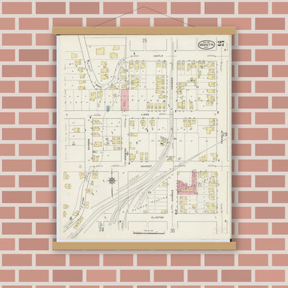Old map wall art mockup — magnetic wood frame on brick wall — Sanborn Fire Insurance Map from Marietta, Washington County, Ohio (1915), Sheet #0027