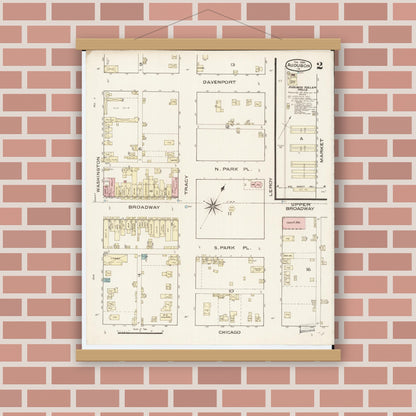 Old map wall art mockup — magnetic wood frame on brick wall — Sanborn Fire Insurance Map from Audubon, Audubon County, Iowa (1886), Sheet #0002