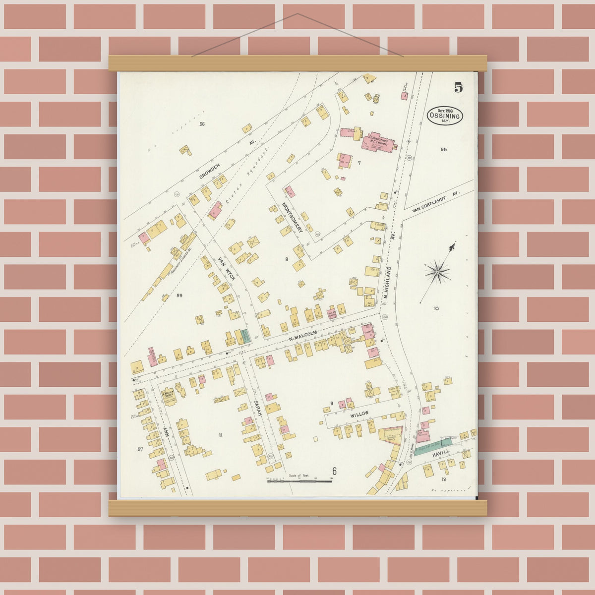 Old map wall art mockup — magnetic wood frame on brick wall — Sanborn Fire Insurance Map from Ossining, Westchester County, New York (1903), Sheet #0005
