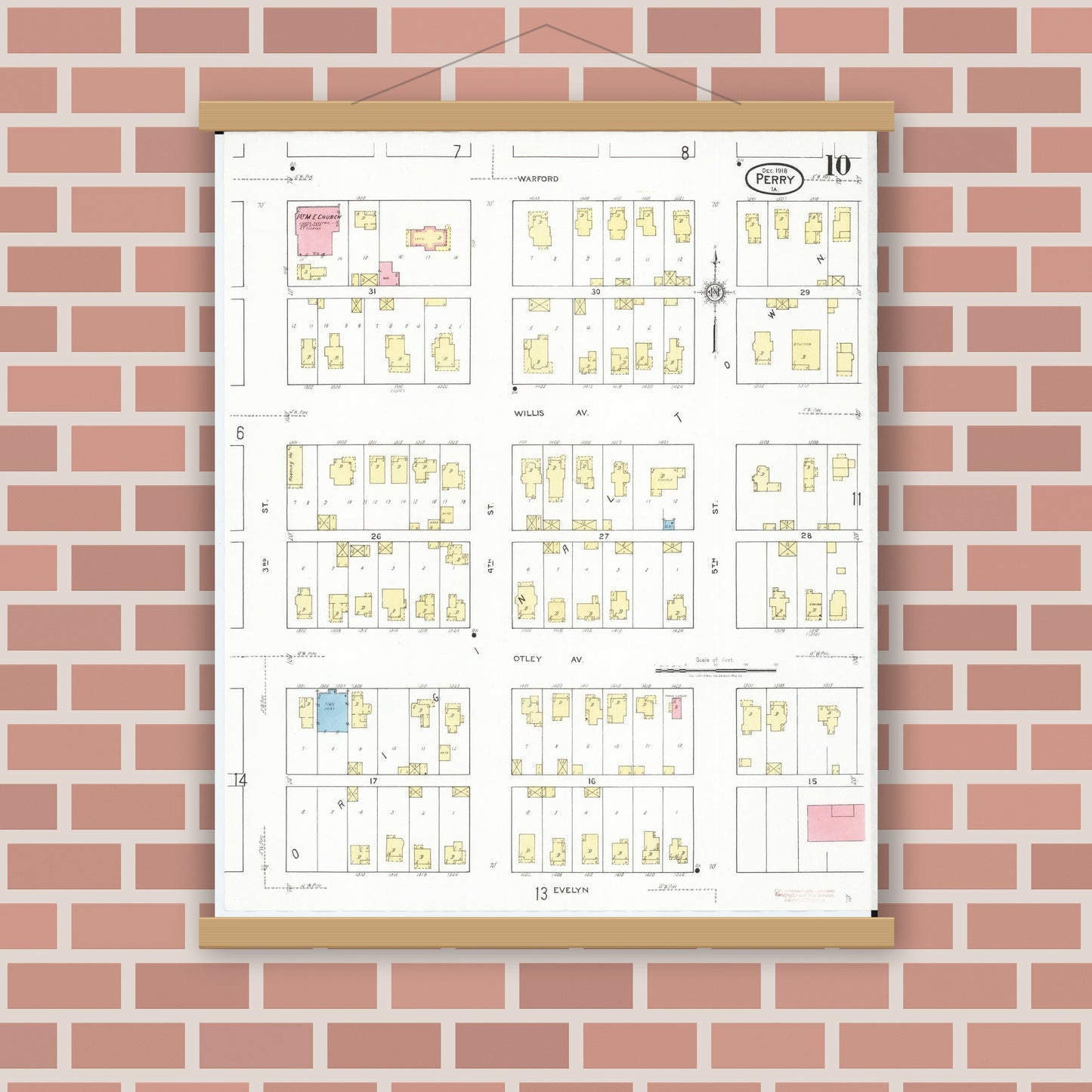 Old map wall art mockup — magnetic wood frame on brick wall — Sanborn Fire Insurance Map from Perry, Dallas County, Iowa (1918), Sheet #0010