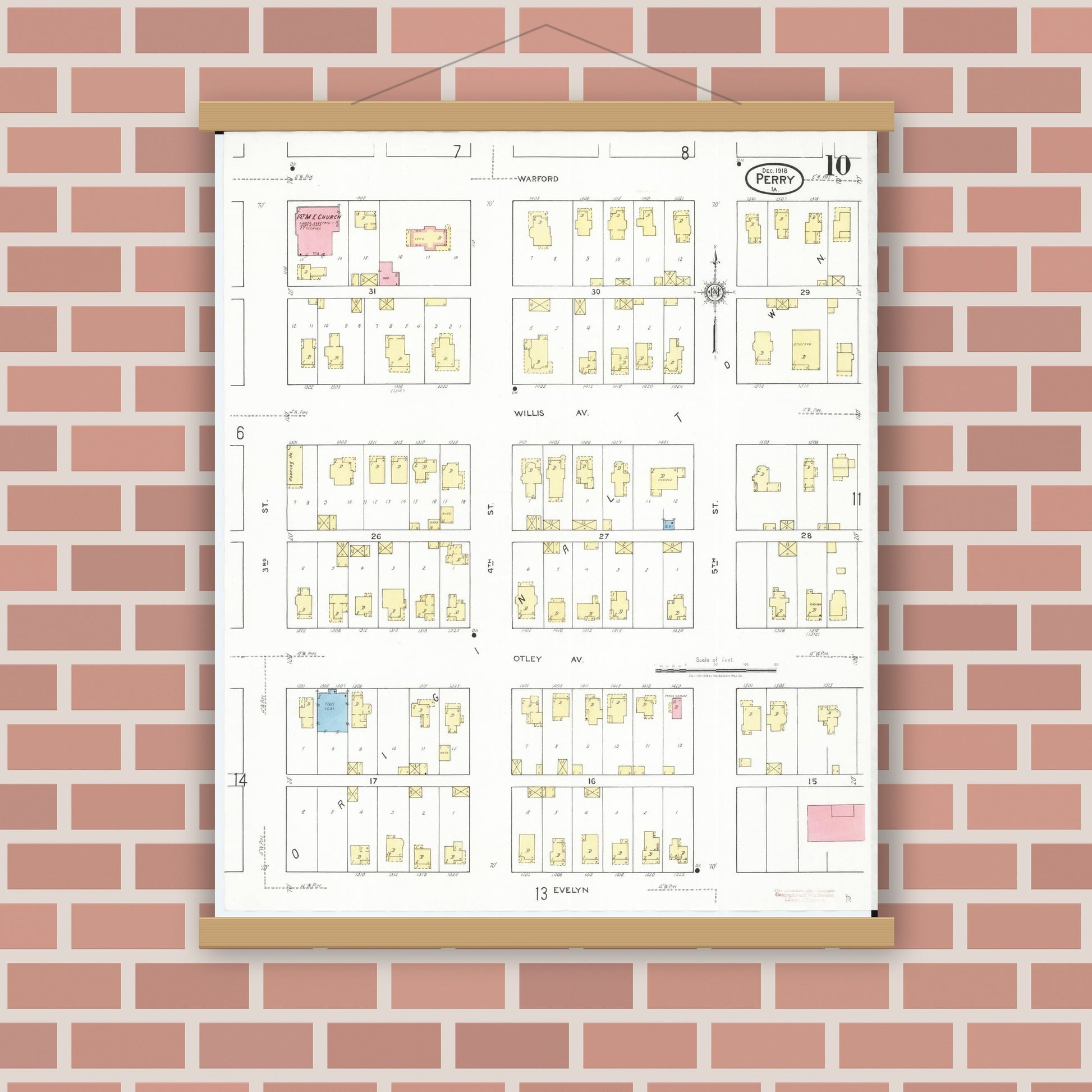 Old map wall art mockup — magnetic wood frame on brick wall — Sanborn Fire Insurance Map from Perry, Dallas County, Iowa (1918), Sheet #0010