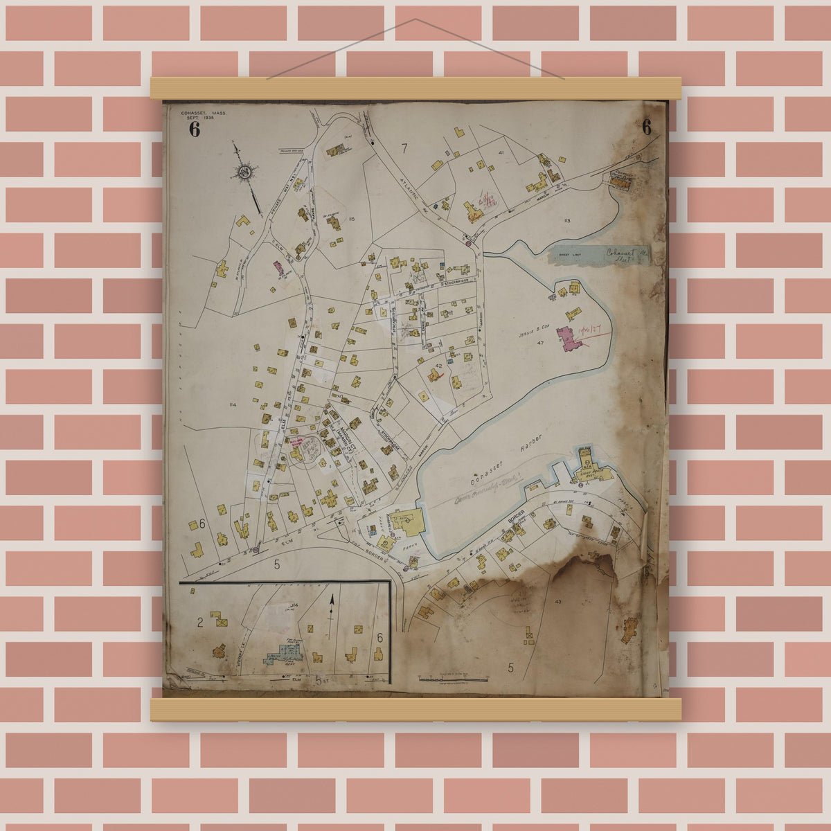 Old map wall art mockup — magnetic wood frame on brick wall — Sanborn Fire Insurance Map from Cohasset, Norfolk County, Massachusetts (1963), Sheet #0006