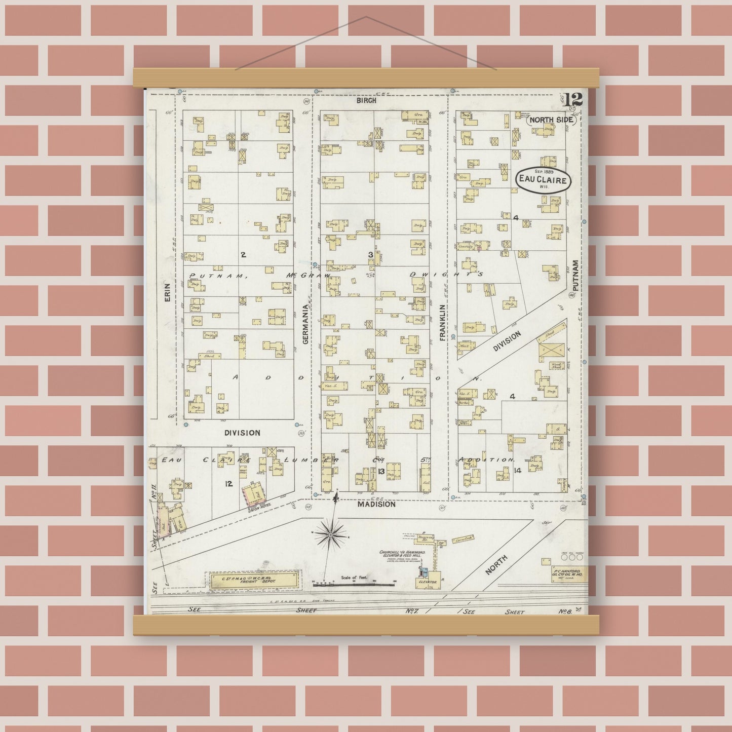 Old map wall art mockup — magnetic wood frame on brick wall — Sanborn Fire Insurance Map from Eau Claire, Eau Claire County, Wisconsin (1889), Sheet #0012