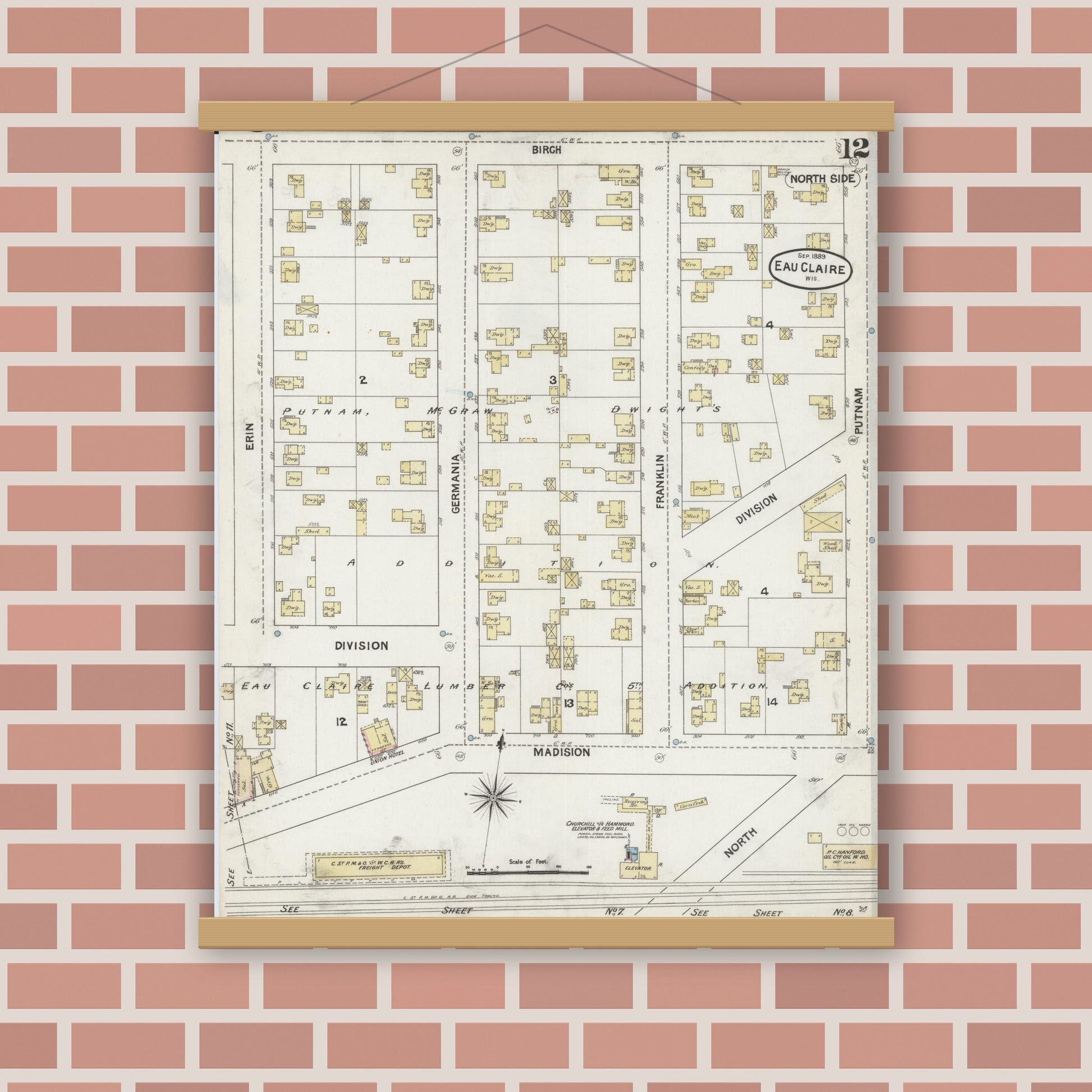 Old map wall art mockup — magnetic wood frame on brick wall — Sanborn Fire Insurance Map from Eau Claire, Eau Claire County, Wisconsin (1889), Sheet #0012